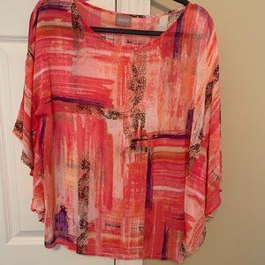 Chico's, size 2,  poncho type, chiffon blouse.  Pink, coral, white
